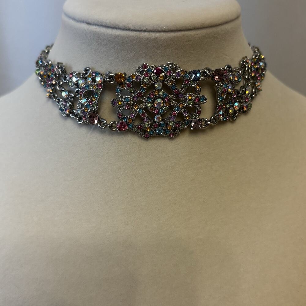 VCLM Choker Necklace Colorful Rhinestone Silvertone Jewelry